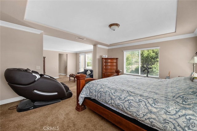 13812 Breeders Cup Dr, Rancho Cucamonga, CA 91739 - bedroom with ornamental molding, carpet, and a tray ceiling