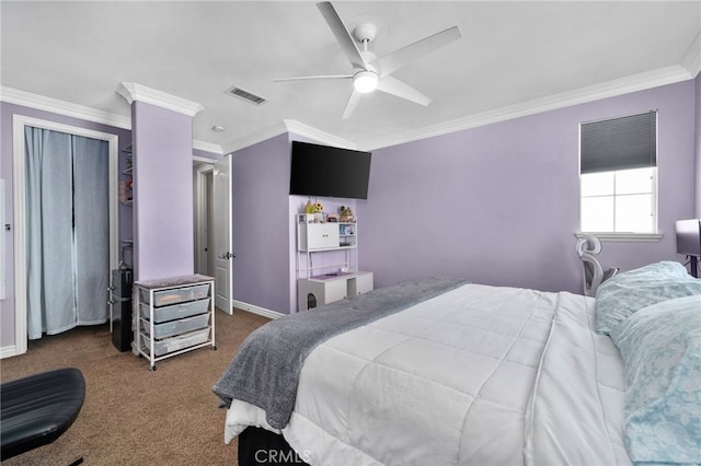 13812 Breeders Cup Dr, Rancho Cucamonga, CA 91739 - bedroom featuring carpet flooring, crown molding, ceiling fan, and a closet