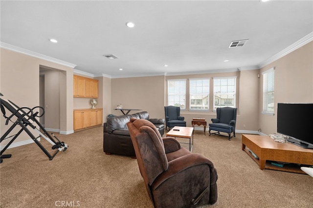 13812 Breeders Cup Dr, Rancho Cucamonga, CA 91739 - living area featuring light carpet, recessed lighting, ornamental molding, and plenty of natural light