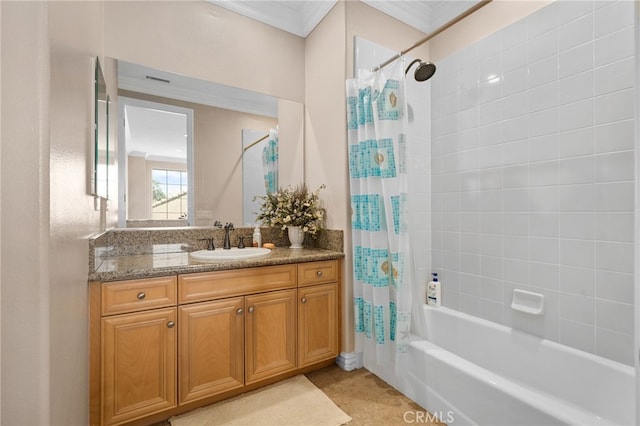 13812 Breeders Cup Dr, Rancho Cucamonga, CA 91739 - full bath with vanity, ornamental molding, shower / bathtub combination with curtain, and tile patterned flooring