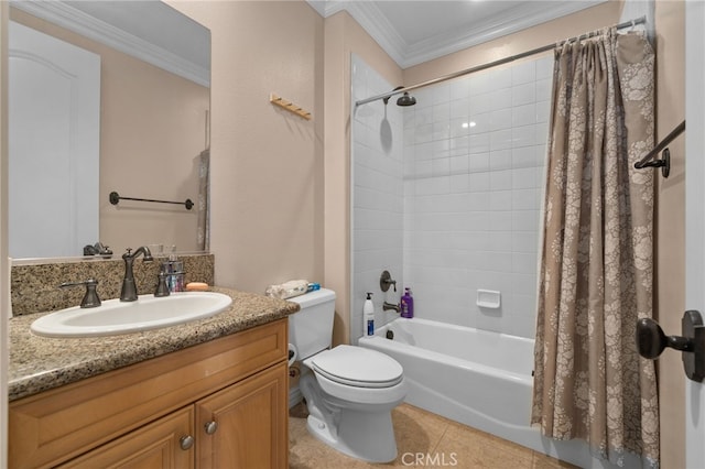 13812 Breeders Cup Dr, Rancho Cucamonga, CA 91739 - bathroom featuring shower / tub combo, vanity, ornamental molding, and tile patterned floors
