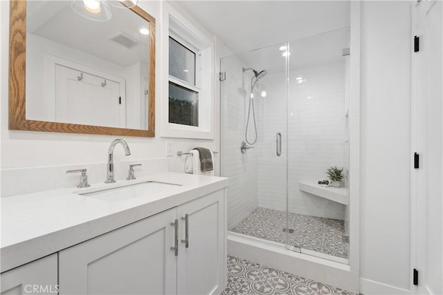 135 Turquoise Ave, Newport Beach, CA 92662 - bathroom featuring vanity, a stall shower, and tile patterned flooring