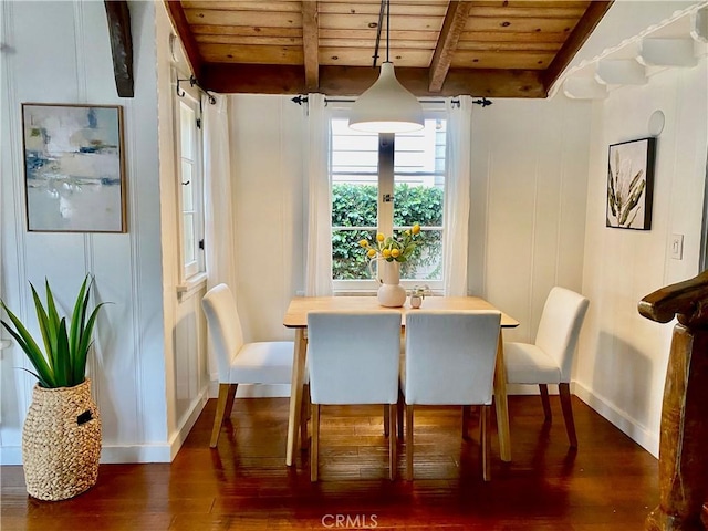 135 Turquoise Ave, Newport Beach, CA 92662 - dining area with a wooden ceiling with exposed beams and dark wood-type flooring
