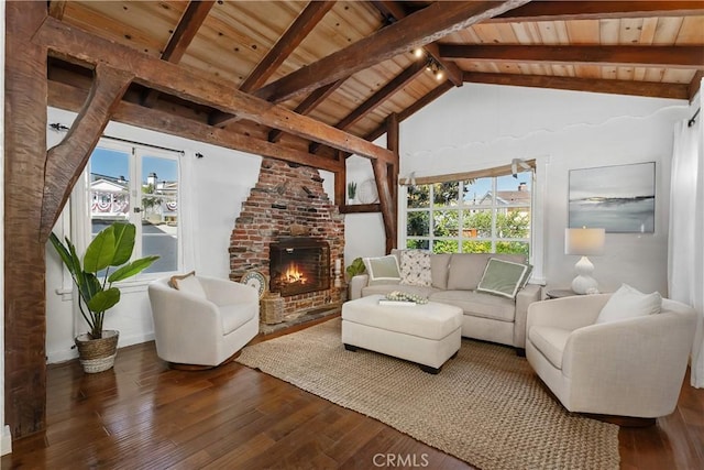 135 Turquoise Ave, Newport Beach, CA 92662 - living room featuring a wood ceiling with exposed beams, hardwood / wood-style flooring, a fireplace, and high vaulted ceiling