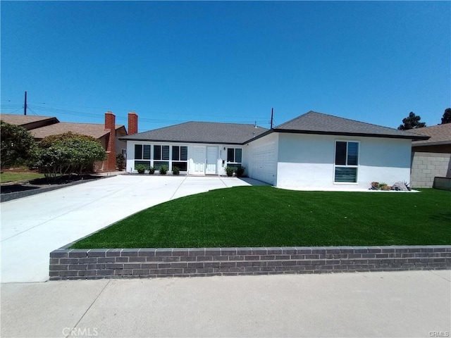 6091 Larchwood Dr, Huntington Beach, CA 92647 - ranch-style home with a front yard, a garage, driveway, and stucco siding