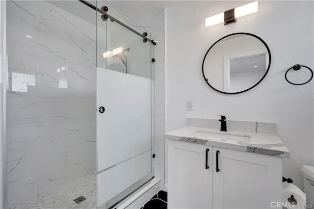 6091 Larchwood Dr, Huntington Beach, CA 92647 - bathroom featuring a marble finish shower and vanity