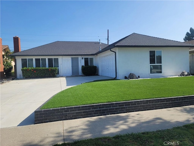 6091 Larchwood Dr, Huntington Beach, CA 92647 - view of front facade with an attached garage, stucco siding, a front lawn, and concrete driveway
