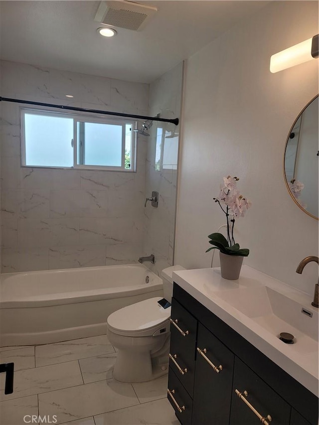 6091 Larchwood Dr, Huntington Beach, CA 92647 - bathroom with vanity, shower / tub combination, marble look tiles, and recessed lighting