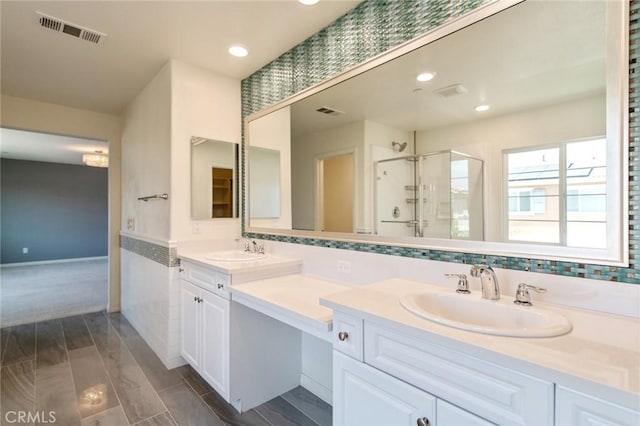 13246 Baxter Springs Dr, Rancho Cucamonga, CA 91739 - full bathroom featuring a stall shower, double vanity, and recessed lighting