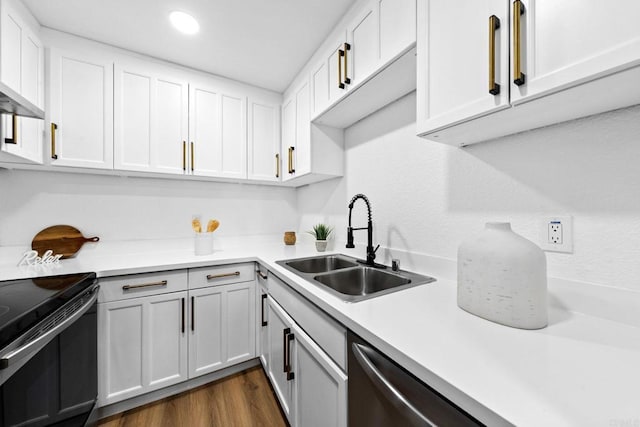 6735 Amherst St Unit 1E, San Diego, CA 92115 - kitchen featuring light countertops, black range with electric cooktop, custom range hood, dark wood-style floors, and white cabinetry