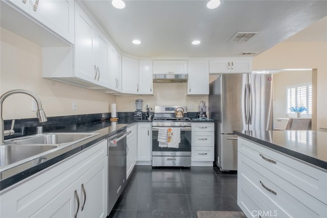 15053 Sherman Way Unit A, Van Nuys, CA 91405 - kitchen featuring stainless steel appliances, under cabinet range hood, white cabinets, dark countertops, and recessed lighting