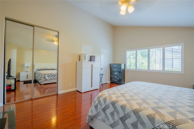 15053 Sherman Way Unit A, Van Nuys, CA 91405 - bedroom featuring wood finished floors, lofted ceiling, a closet, and ceiling fan