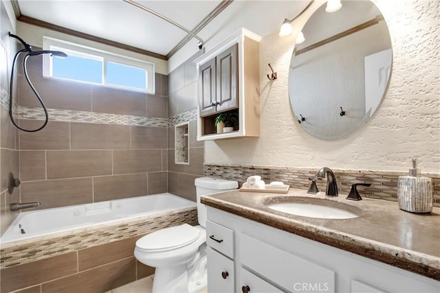 27218 Monk St, Menifee, CA 92586 - bathroom featuring tiled shower / bath, vanity, crown molding, and backsplash