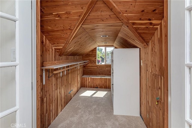 624 S Reese Pl, Burbank, CA 91506 - additional living space featuring wooden ceiling, wooden walls, lofted ceiling, and carpet floors