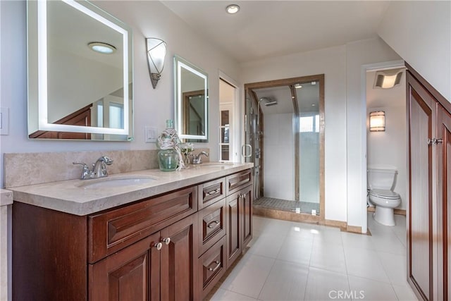 624 S Reese Pl, Burbank, CA 91506 - full bathroom with double vanity, a stall shower, tile patterned floors, and recessed lighting