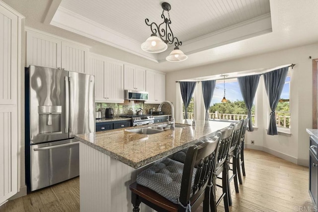 15935 Mac Tan Ln, Valley Center, CA 92082 - kitchen with stainless steel appliances, a tray ceiling, decorative backsplash, light wood-style flooring, and stone countertops
