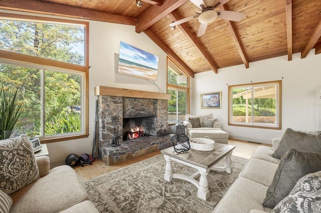 15935 Mac Tan Ln, Valley Center, CA 92082 - living room with a wood ceiling with exposed beams, wood finished floors, a fireplace, ceiling fan, and high vaulted ceiling