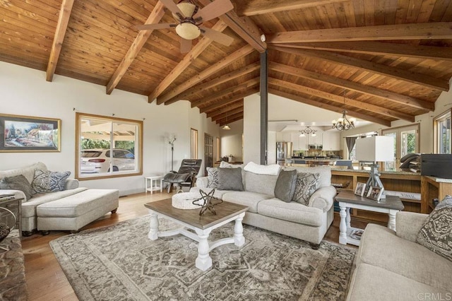 15935 Mac Tan Ln, Valley Center, CA 92082 - living room with a ceiling fan, a chandelier, light wood-style flooring, and wooden ceiling