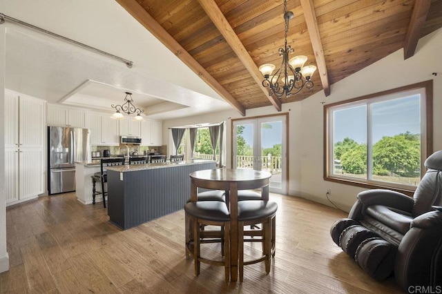 15935 Mac Tan Ln, Valley Center, CA 92082 - dining room featuring a chandelier, wood finished floors, french doors, and wooden ceiling