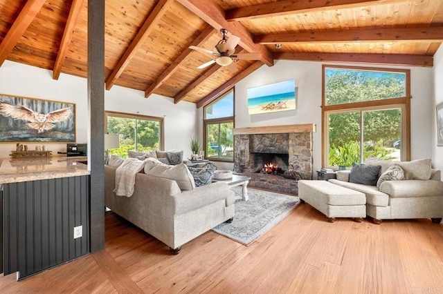 15935 Mac Tan Ln, Valley Center, CA 92082 - living area with light wood-style flooring, a wooden ceiling with exposed beams, a fireplace, ceiling fan, and high vaulted ceiling