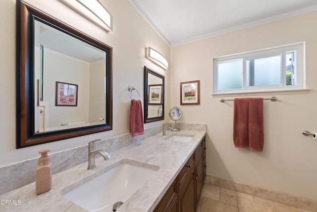 2274 Via Tomas, Camarillo, CA 93010 - bathroom featuring crown molding, double vanity, and stone tile flooring
