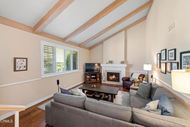 2274 Via Tomas, Camarillo, CA 93010 - living area with dark wood-style floors, a lit fireplace, beamed ceiling, and high vaulted ceiling