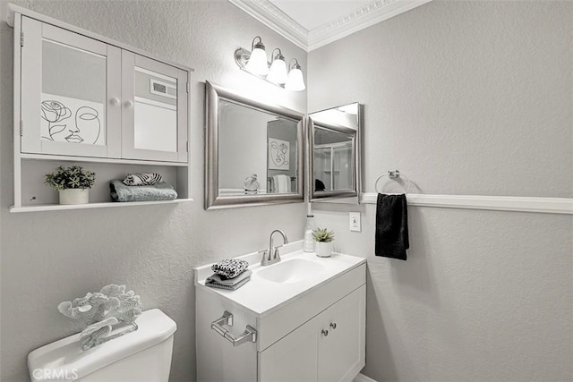 21812 Raintree Ln, Lake Forest, CA 92630 - bathroom with crown molding, vanity, and a textured wall
