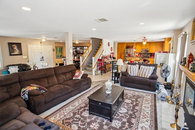 29720 Creekbed Rd, Castaic, CA 91384 - living area with stairway, light tile patterned floors, a ceiling fan, and recessed lighting