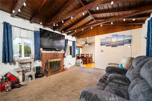 950 E Yale St, Ontario, CA 91764 - carpeted living room featuring wood ceiling, a ceiling fan, track lighting, and a fireplace