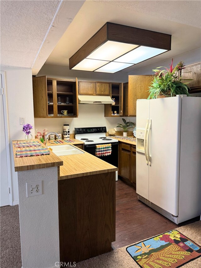 1480 W Edgehill Rd Unit 58, San Bernardino, CA 92405 - kitchen with white appliances, open shelves, under cabinet range hood, a peninsula, and wooden counters