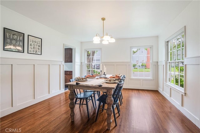 3500 Grayburn Rd, Pasadena, CA 91107 - dining space featuring a decorative wall, wood finished floors, a chandelier, and a wainscoted wall