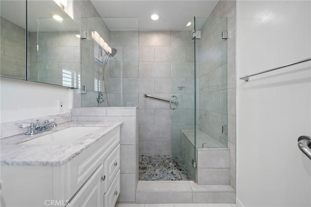 10519 La Rosa Cir, Fountain Valley, CA 92708 - bathroom with a shower stall, vanity, recessed lighting, and tile patterned floors