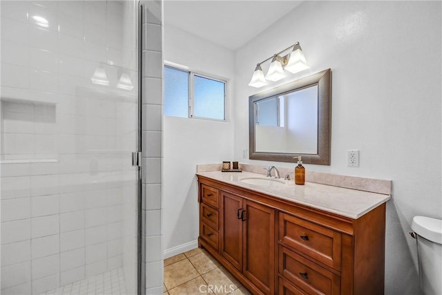 17106 Donmetz St, Granada Hills, CA 91344 - bathroom featuring a shower stall, vanity, and tile patterned floors