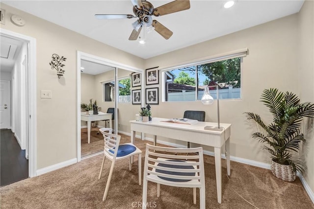 17106 Donmetz St, Granada Hills, CA 91344 - home office with attic access, carpet flooring, a ceiling fan, and recessed lighting