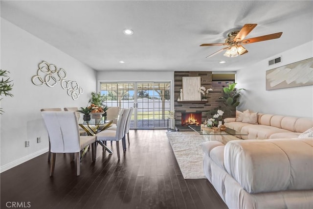 17106 Donmetz St, Granada Hills, CA 91344 - living area featuring ceiling fan, dark wood-style floors, a fireplace, and recessed lighting