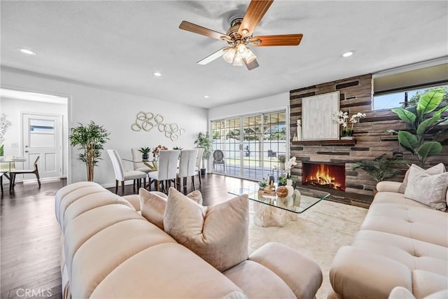 17106 Donmetz St, Granada Hills, CA 91344 - living area featuring recessed lighting, wood finished floors, a ceiling fan, and a large fireplace