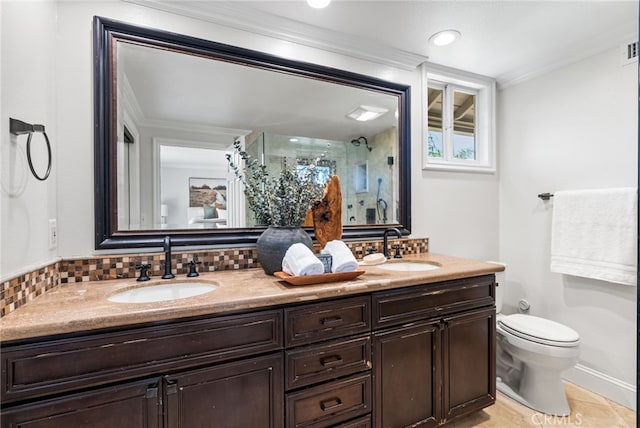 11212 Brunswick Way N, Tustin, CA 92705 - bathroom with double vanity, a stall shower, backsplash, and ornamental molding