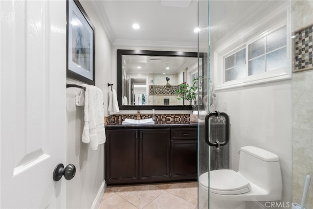 11212 Brunswick Way N, Tustin, CA 92705 - bathroom featuring ornamental molding, vanity, tile patterned floors, and a stall shower