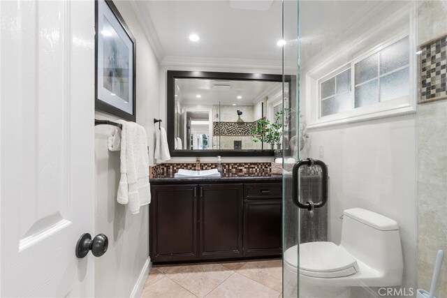 11212 Brunswick Way N, Tustin, CA 92705 - bathroom featuring ornamental molding, vanity, tile patterned floors, and a stall shower