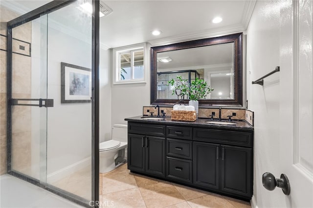 11212 Brunswick Way N, Tustin, CA 92705 - full bath featuring ornamental molding, double vanity, a stall shower, decorative backsplash, and tile patterned flooring