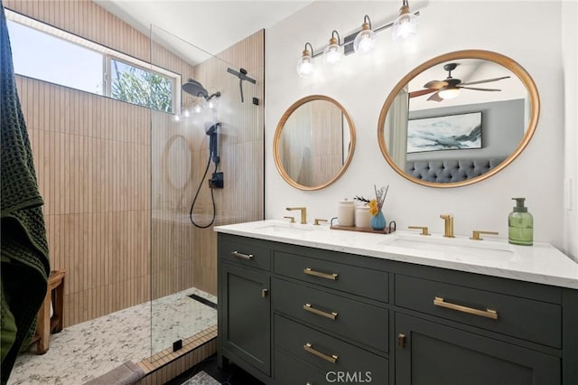 943 Miraflores Dr, Corona, CA 92882 - bathroom with double vanity, walk in shower, and a ceiling fan