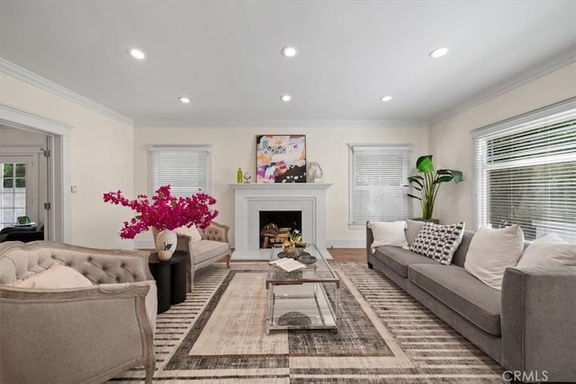 268 S Norton Ave, Los Angeles, CA 90004 - living area featuring recessed lighting, a fireplace with raised hearth, ornamental molding, and wood finished floors