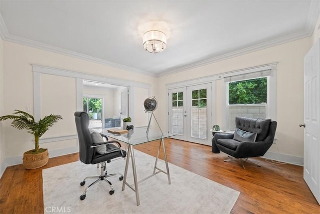 268 S Norton Ave, Los Angeles, CA 90004 - office space with french doors, ornamental molding, light wood-style flooring, and a chandelier