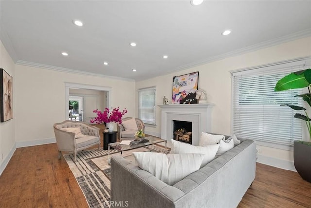 268 S Norton Ave, Los Angeles, CA 90004 - living area with ornamental molding, wood finished floors, recessed lighting, and a fireplace