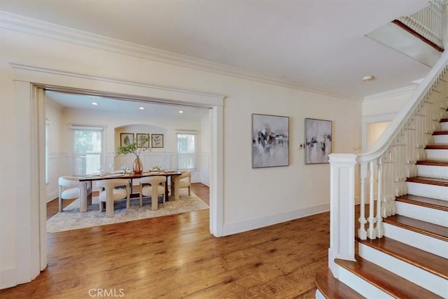 268 S Norton Ave, Los Angeles, CA 90004 - foyer entrance featuring stairway, wood finished floors, crown molding, and recessed lighting