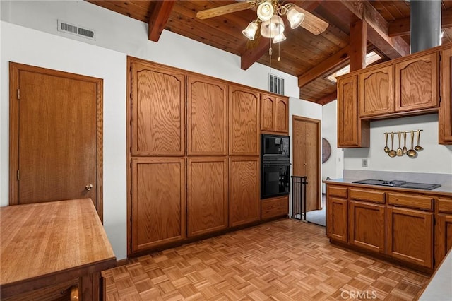 512 S Crawford Ave, Willows, CA 95988 - kitchen featuring black appliances, wooden ceiling, a ceiling fan, and brown cabinets