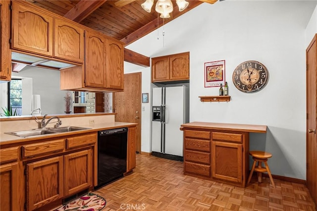 512 S Crawford Ave, Willows, CA 95988 - kitchen featuring white refrigerator with ice dispenser, black dishwasher, light countertops, ceiling fan, and brown cabinetry