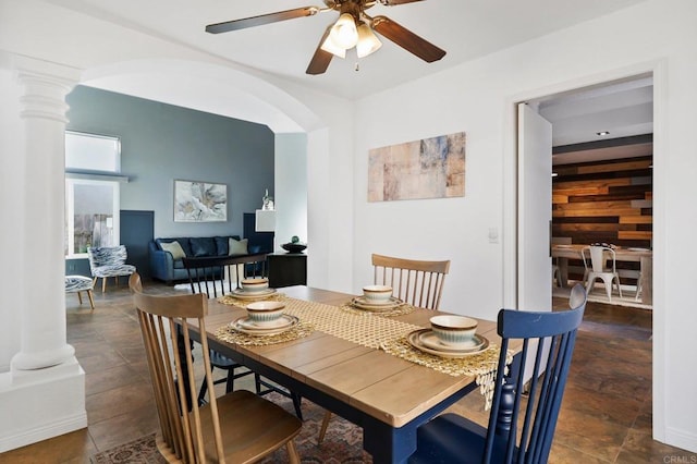 1837 Avenida Sevilla, Oceanside, CA 92056 - dining area with a ceiling fan, ornate columns, and arched walkways