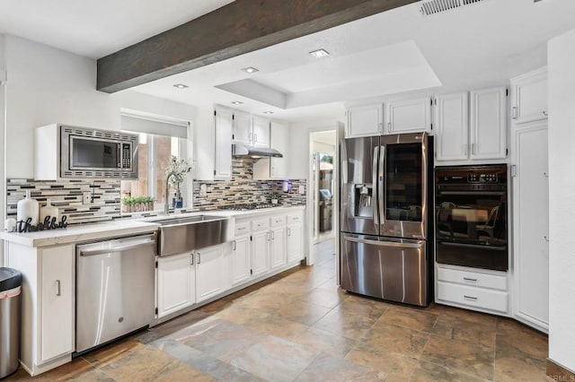 1837 Avenida Sevilla, Oceanside, CA 92056 - kitchen with stainless steel appliances, a warming drawer, tasteful backsplash, and a tray ceiling