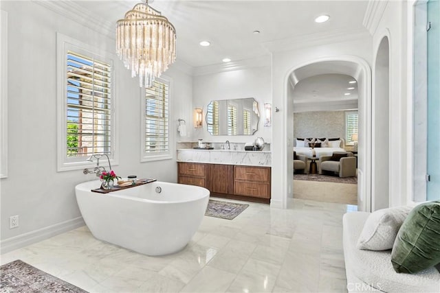 7 Kent Ct, Ladera Ranch, CA 92694 - full bath with a freestanding bath, vanity, crown molding, marble finish floors, and ensuite bath